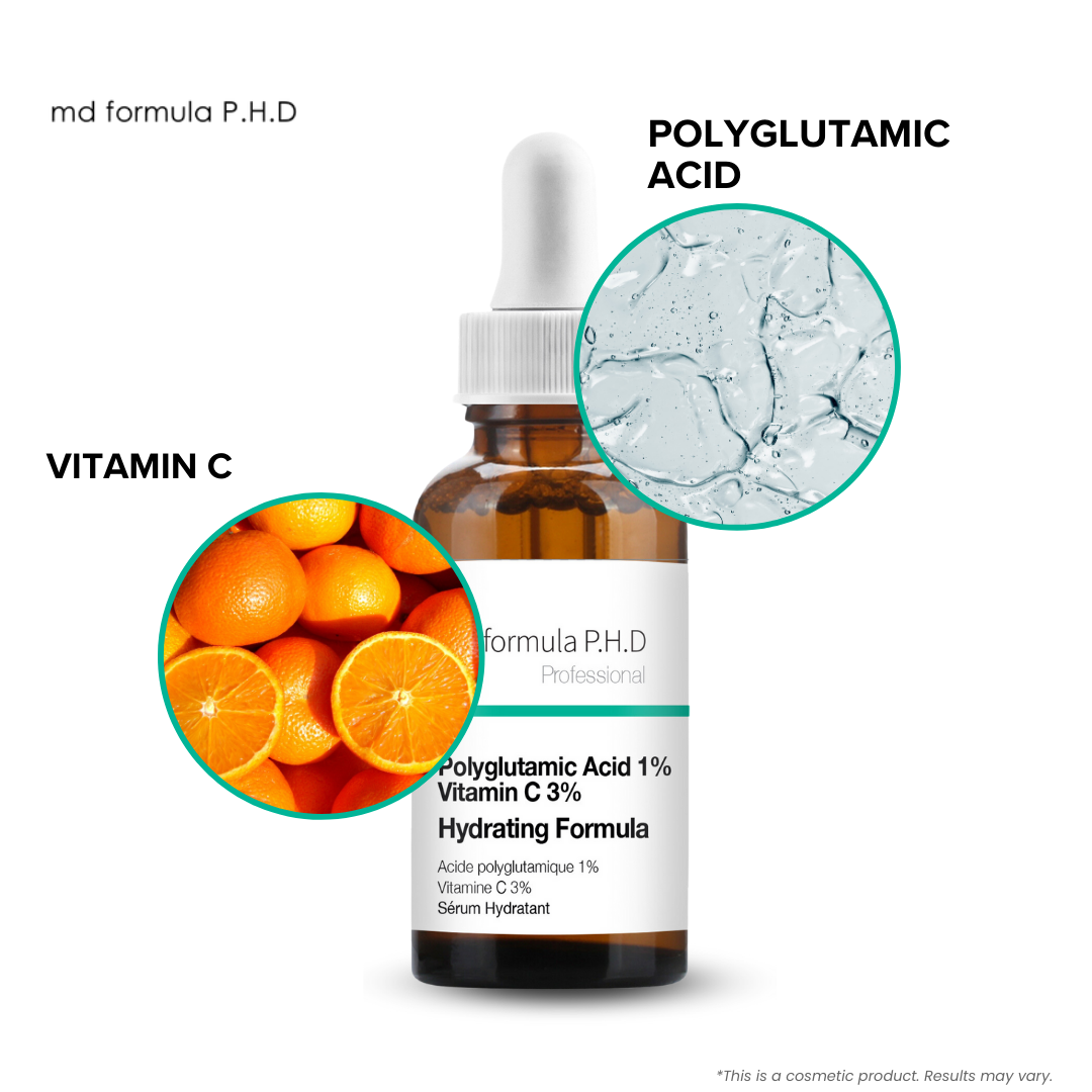 Sérum hydratant à l'acide polyglutamique 1 %, vitamine C 3 %, format 2 x 30 ml (offre économique)