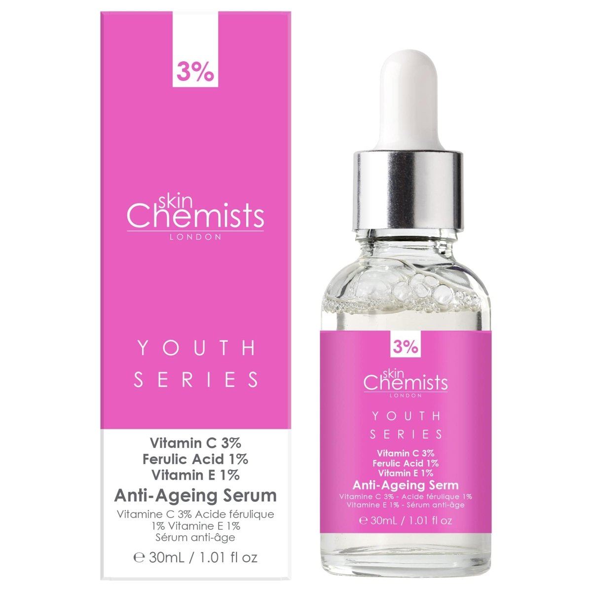 Anti-Aging-Serum der Youth Series mit 3 % Vitamin C, 1 % Ferulasäure und 1 % Vitamin E, 30 ml