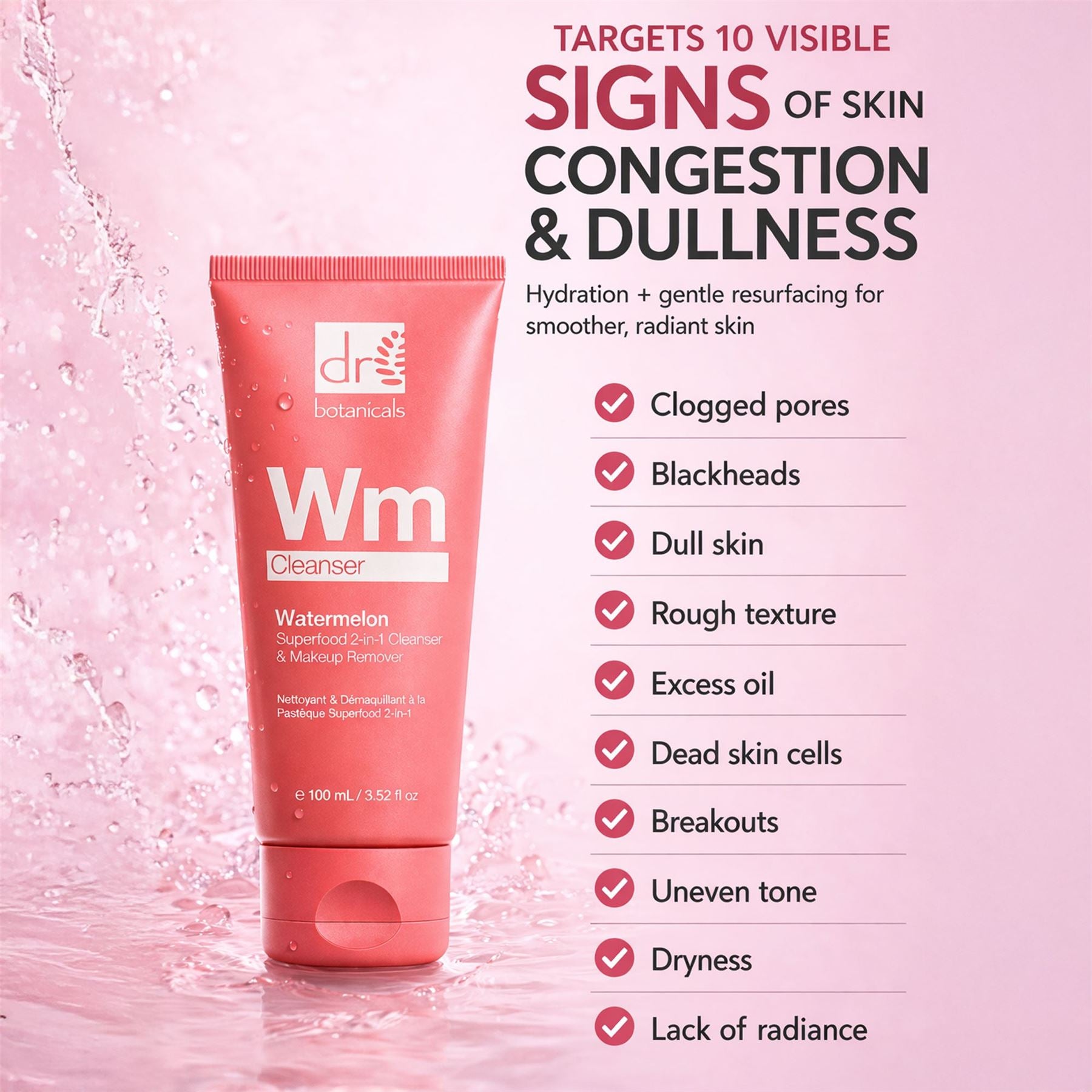 Wassermelonen-Superfood 2-in-1 Reinigungs- und Make-up-Entferner mit Glykolsäure, Salicylsäure und Milchsäure, 100 ml