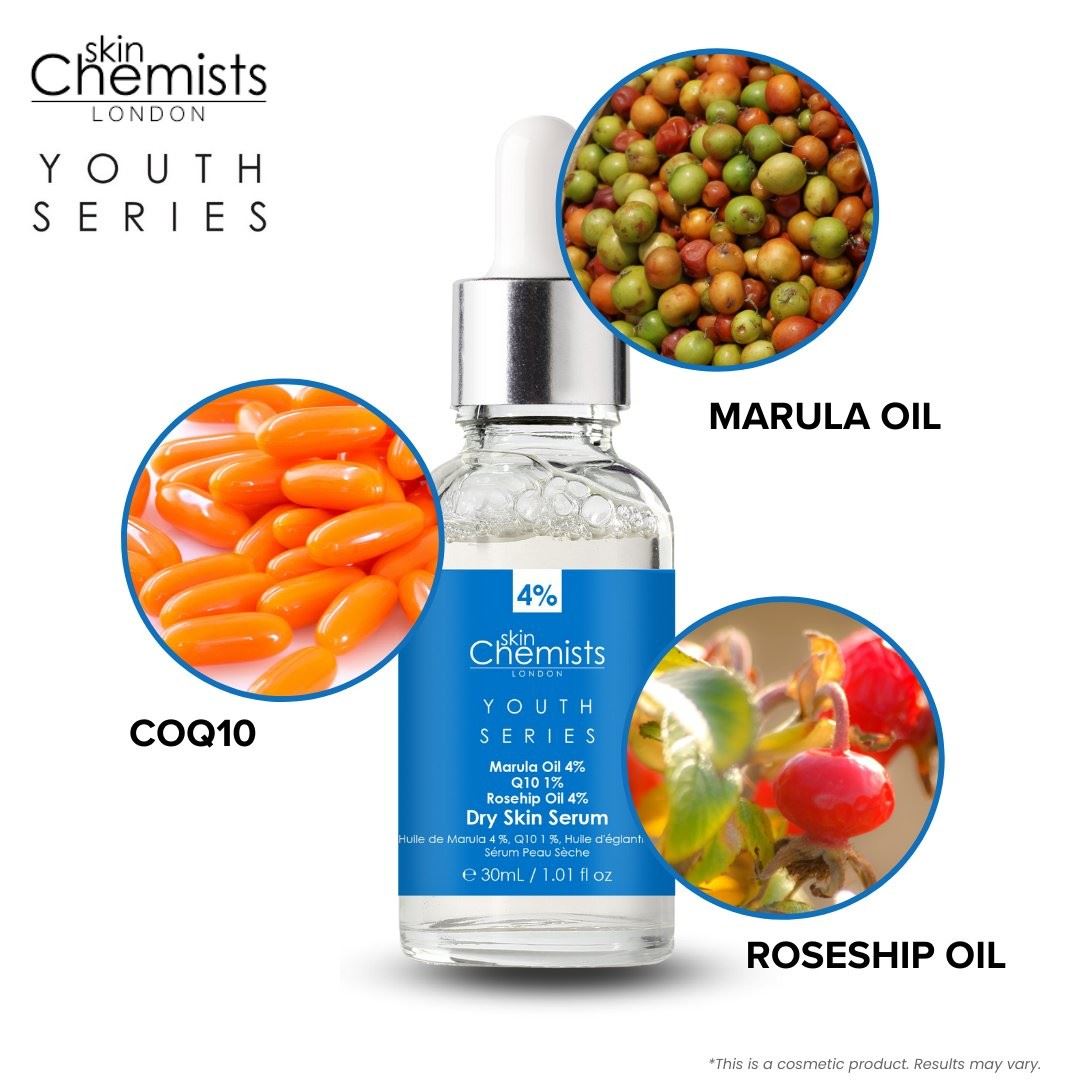 Youth Series Serum für trockene Haut mit 4 % Marulaöl, 1 % Q10 und 4 % Hagebuttenöl, 30 ml