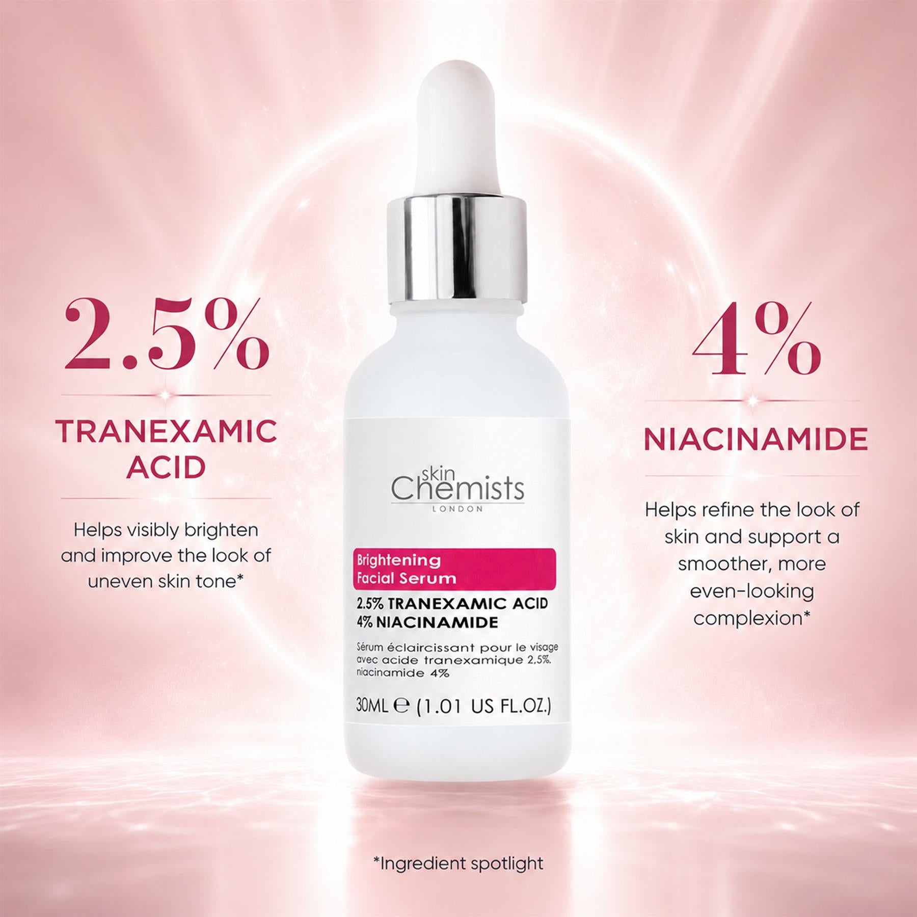 skinChemists Aufhellendes Gesichtsserum mit 2,5 % Tranexamsäure und 4 % Niacinamid, 30 ml